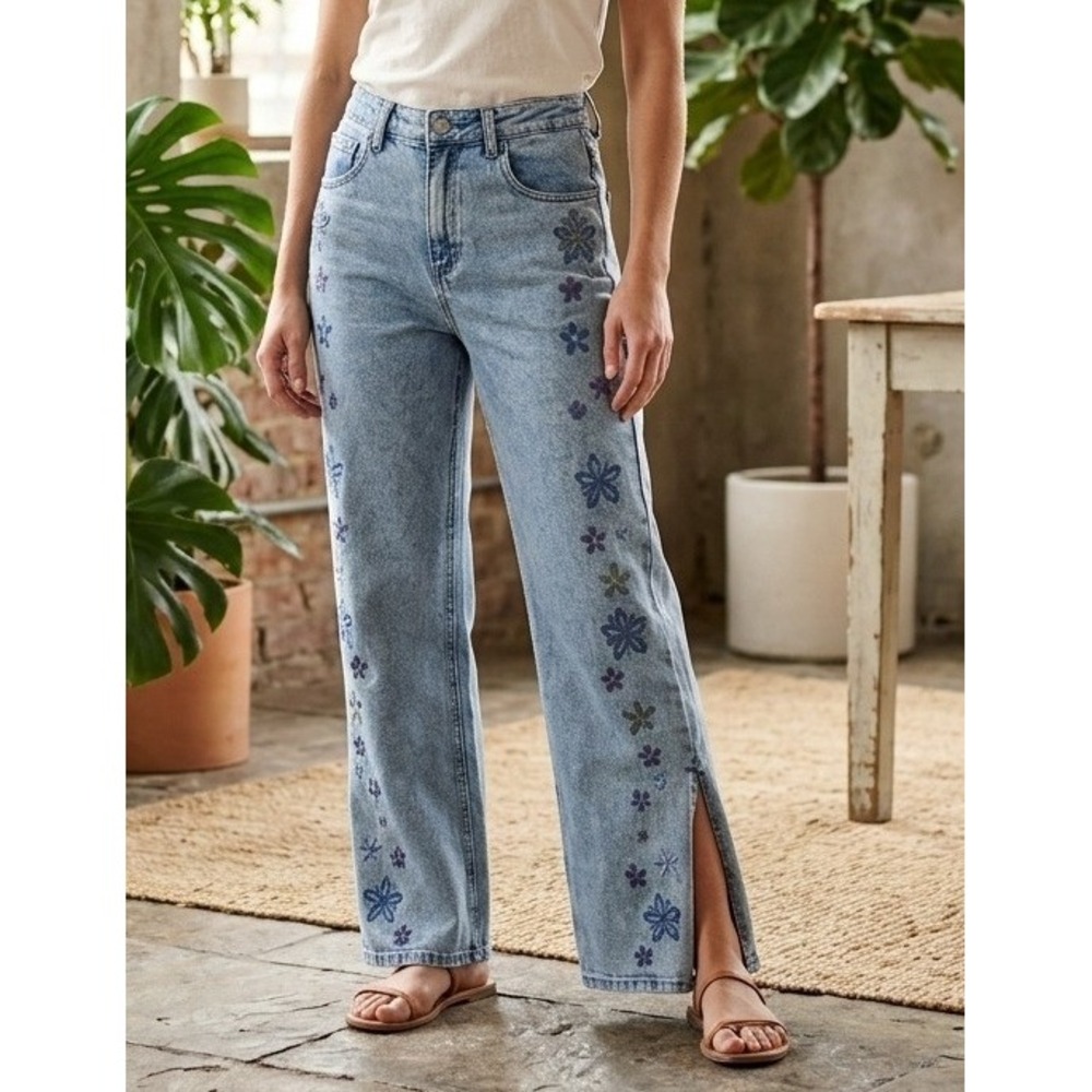 Y2K‎ Vtg NOON Floral Embroidered Straight Leg Denim Jeans Women W28" L29" EU36